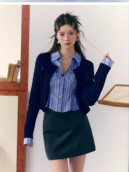 7Shiftin Crop Two Piece Casual Short Length Layered Set For Women Blue White Shirts