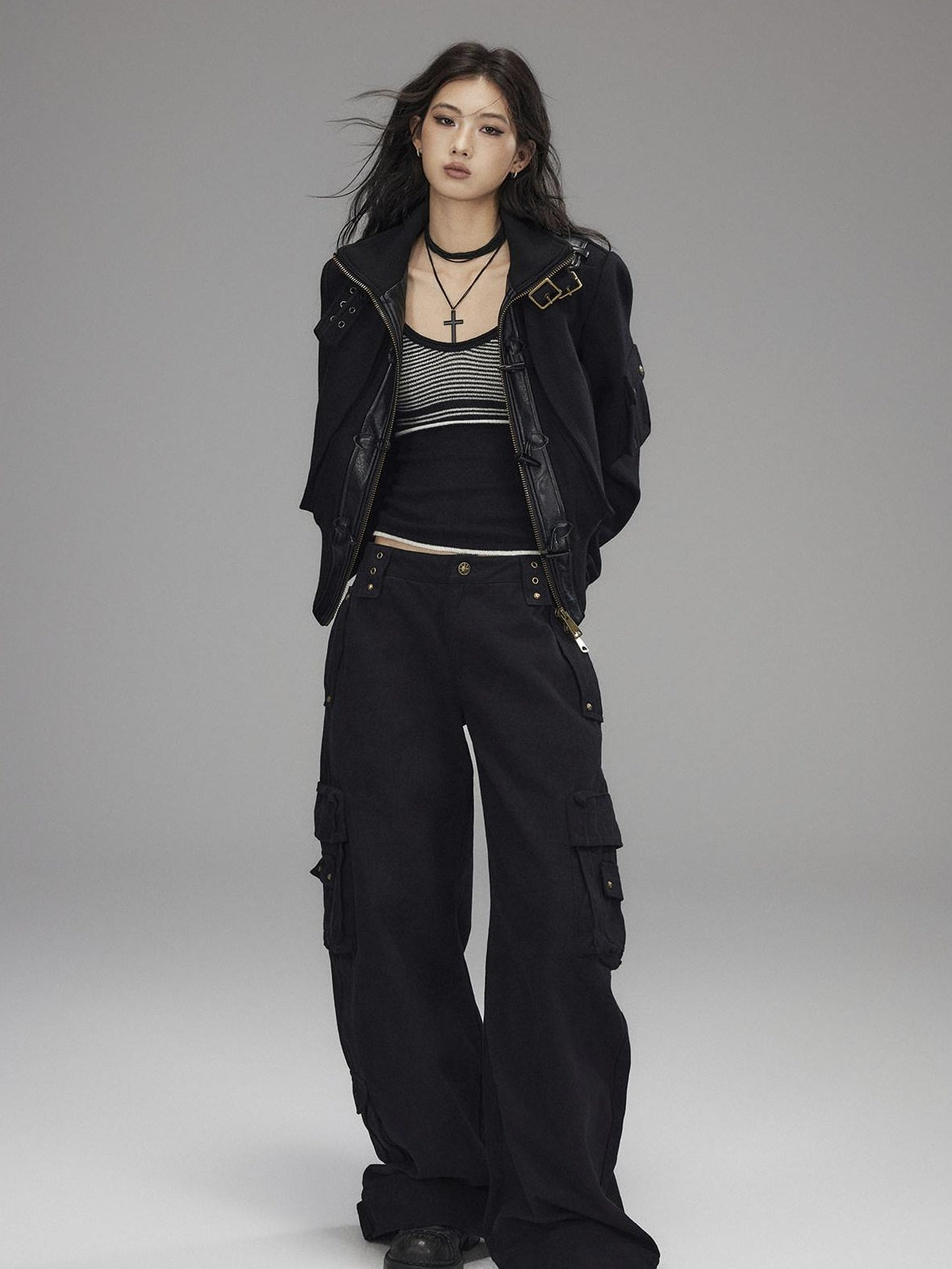 Low pixel Thick Wool Blend Slim Fit Street Hippie Stand Collar Black Cropped Jackets