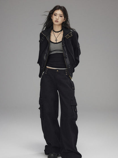 Low pixel Thick Wool Blend Slim Fit Street Hippie Stand Collar Black Cropped Jackets