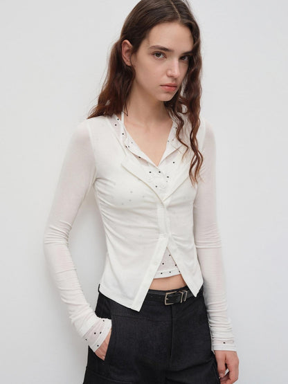 RUN TO THE FUTURE Polka Dot Knit Faux Layered Slim Fit Collared Women Casual Long Sleeve T-Shirts