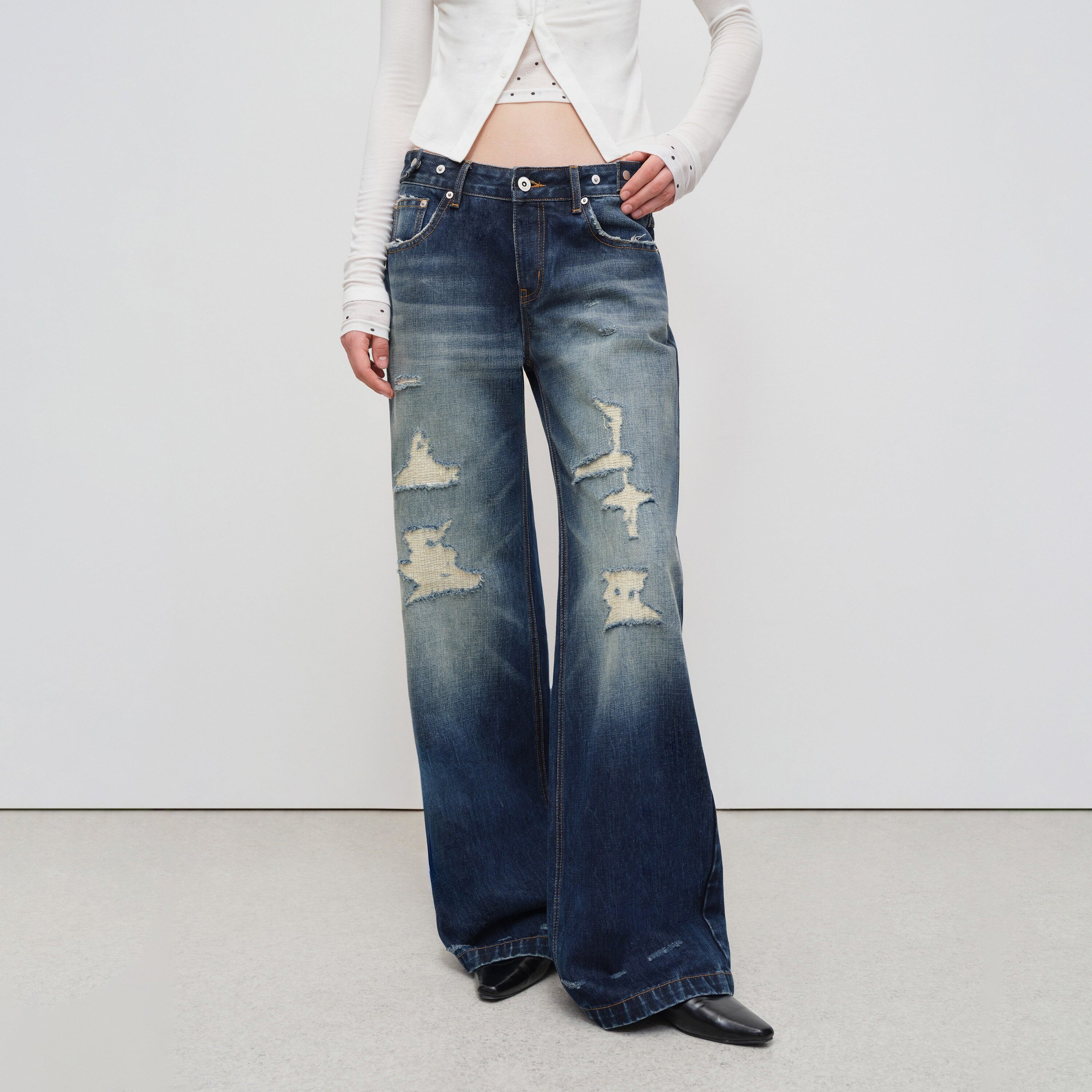 RUN TO THE FUTURE Vintage Distressed Low Rise Ripped Loose Fit Women Cotton Zipper Wide-Leg Jeans
