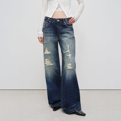 RUN TO THE FUTURE Vintage Distressed Low Rise Ripped Loose Fit Women Cotton Zipper Wide-Leg Jeans