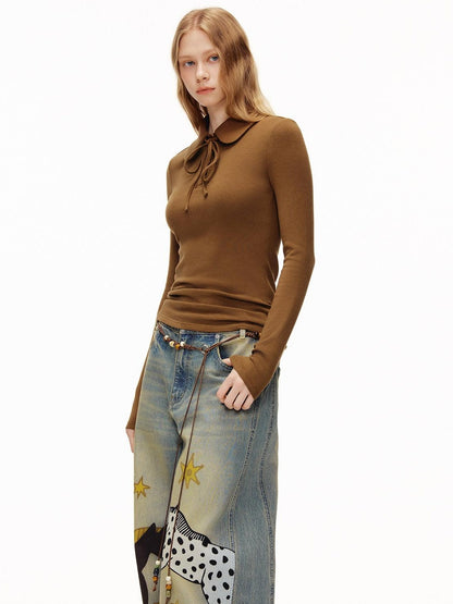 OuttheBlue Viscose Wool Stretch Slim Fit Henley Neck Women Cocoa Long Sleeve T-Shirts