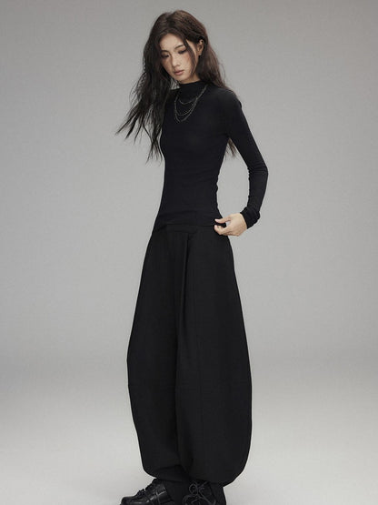 Low pixel Low Rise Wool Blend Micro Stretch Casual Zip Fly Women Black Wide Leg Pants