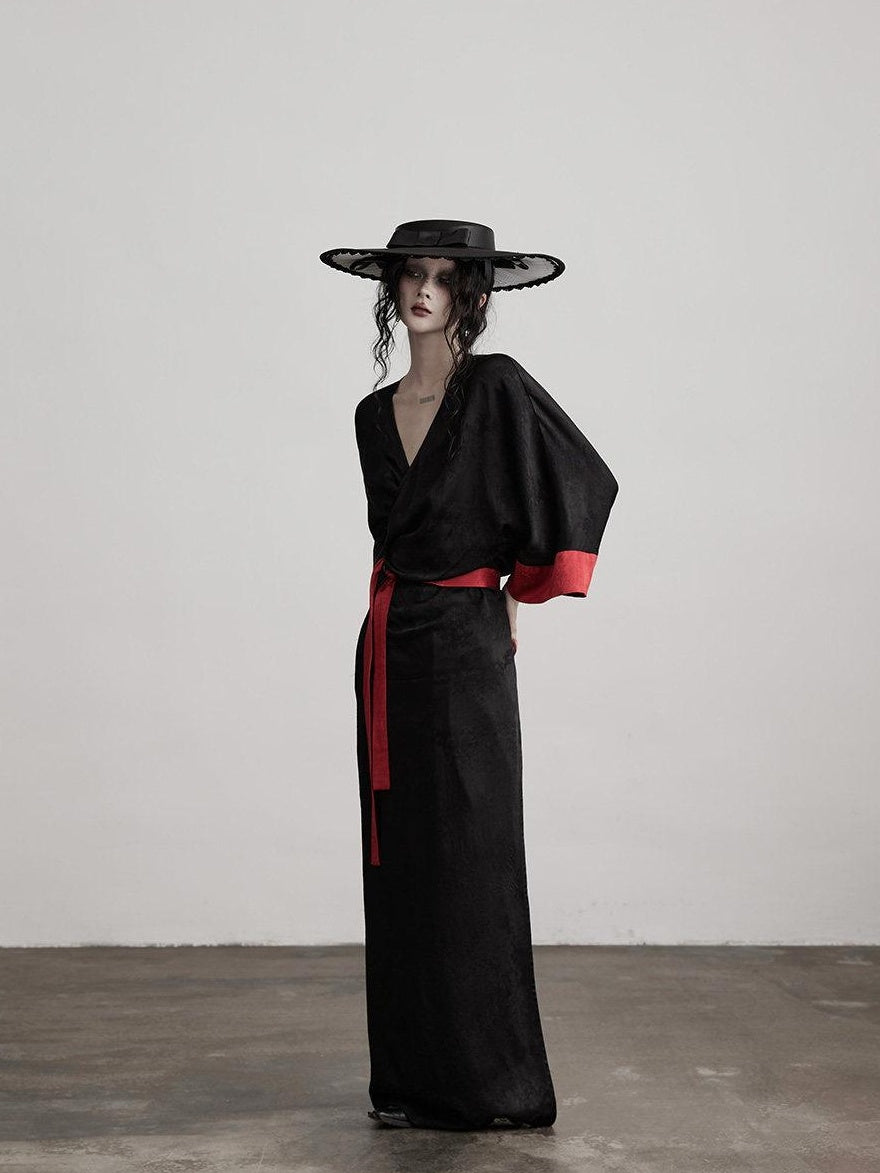 INDULGE Gothic V-neck Viscose Flared Loose Casual Womens Black Trench Coats