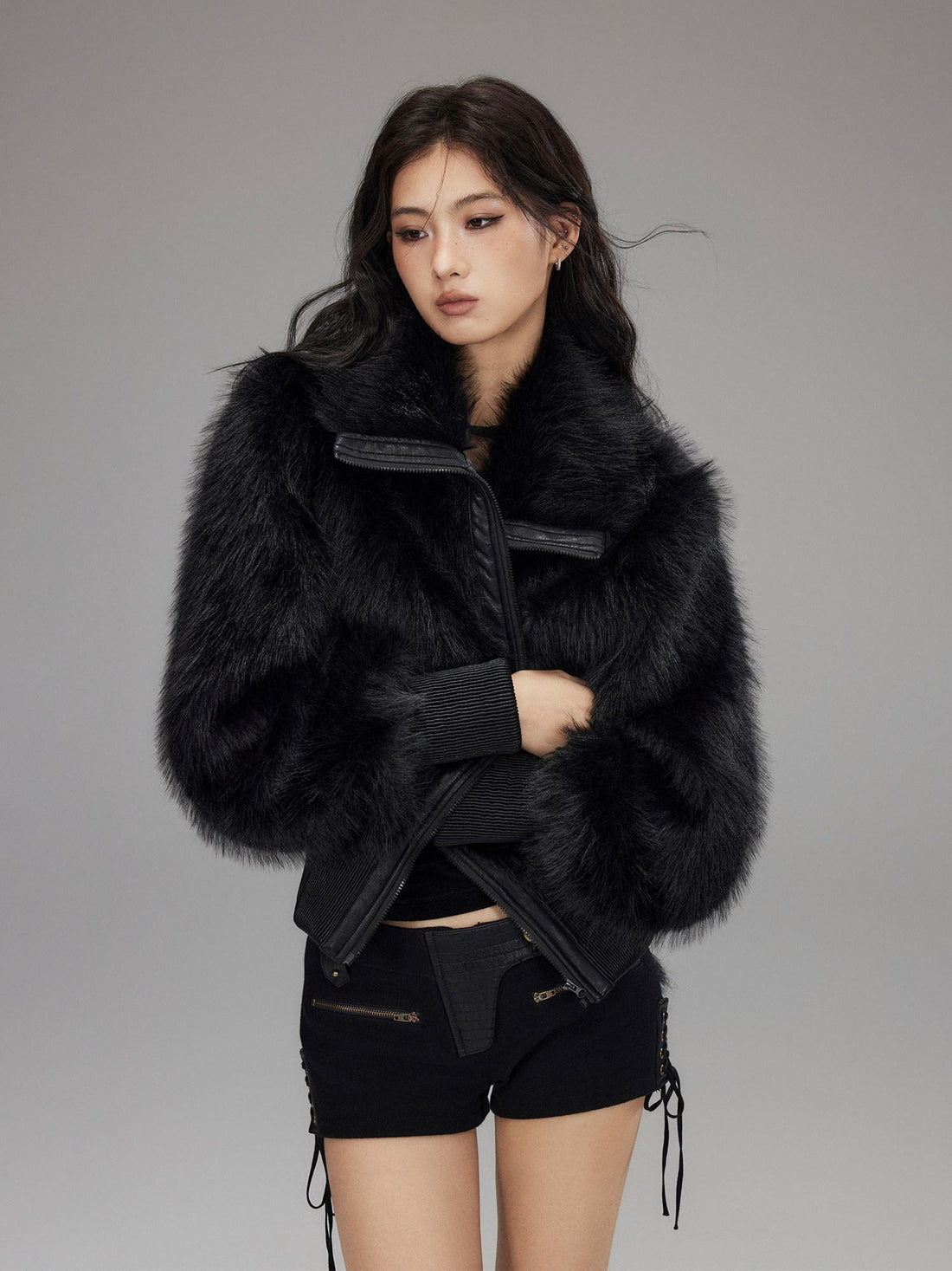 Low pixel Warm Thick Black Sexy Slim Fit Spandex Zipper Lapel Women Cropped Jackets