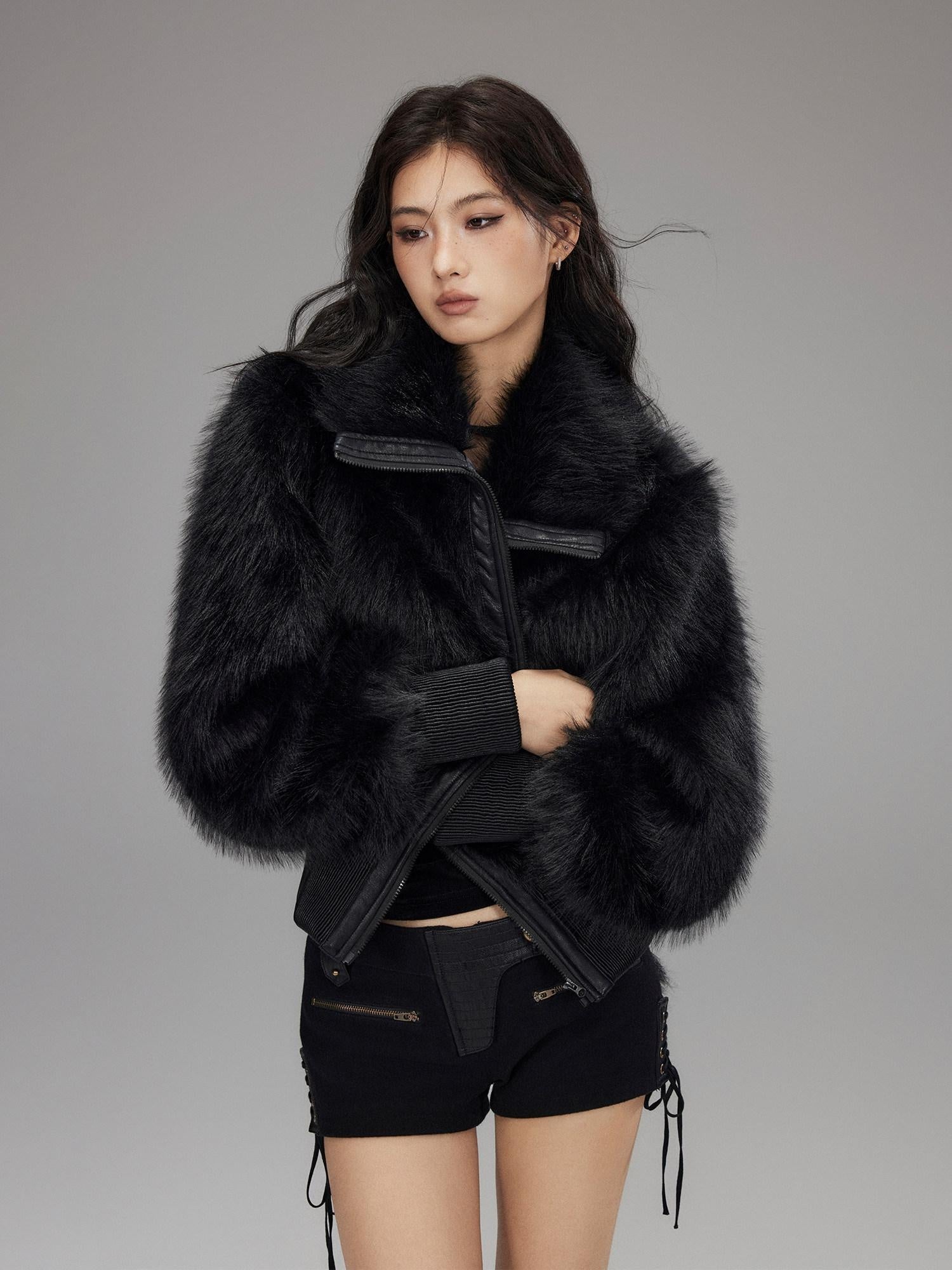 Low pixel Warm Thick Black Sexy Slim Fit Spandex Zipper Lapel Women Cropped Jackets