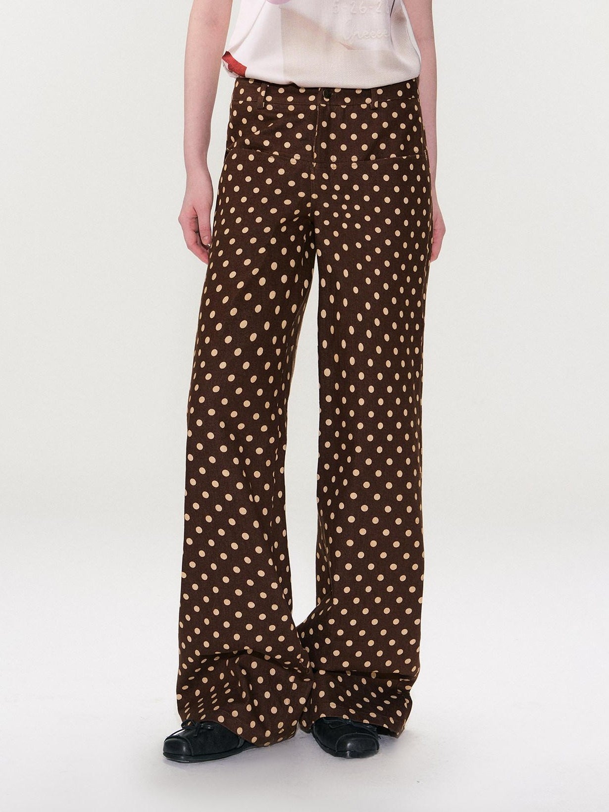 The NeverMore Cotton Polka Dot Vintage Natural Waist Casual Women Brown Straight Leg Jeans