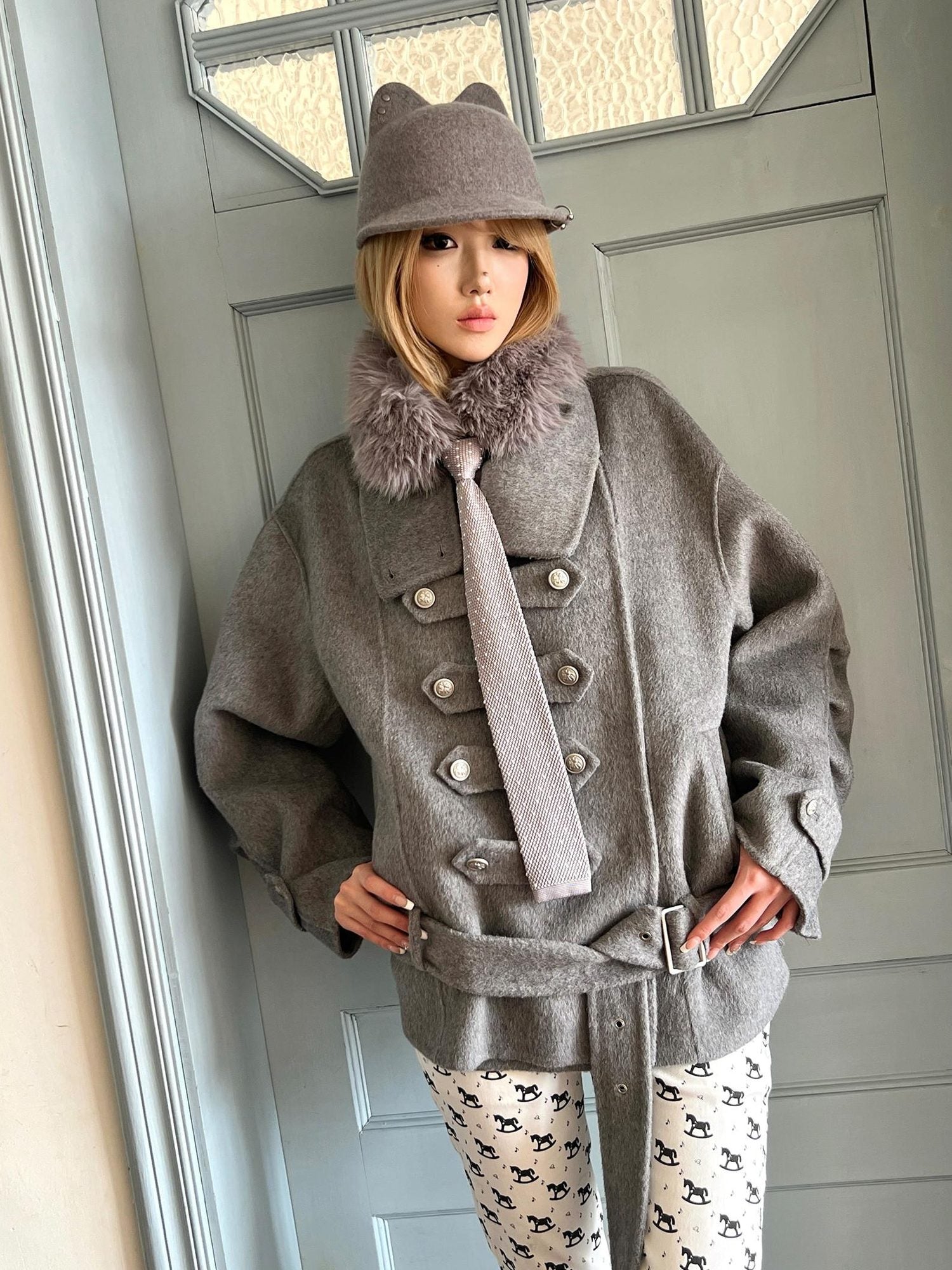 nit alcove Warm Wool Blend Pleated Biker Collar Unisex Double Breasted Cropped Wool Coats