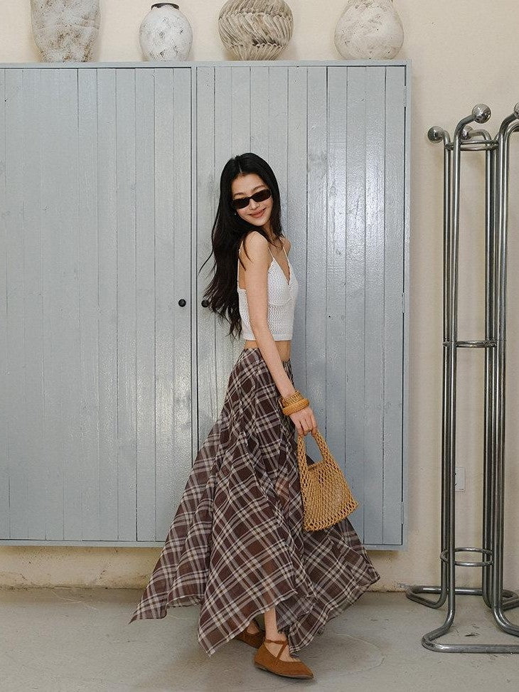 FU FRESH UP Vintage Plaid Print Irregular A Line High Waist Women&
