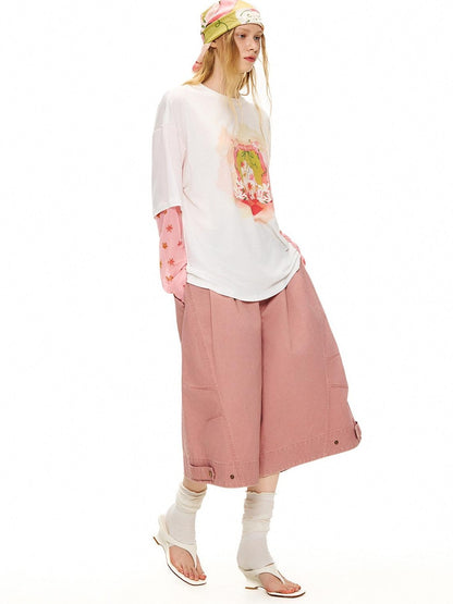 OuttheBlue Cat Garden Print Casual Loose Drop Shoulder Round Neck Long Sleeve T-Shirts
