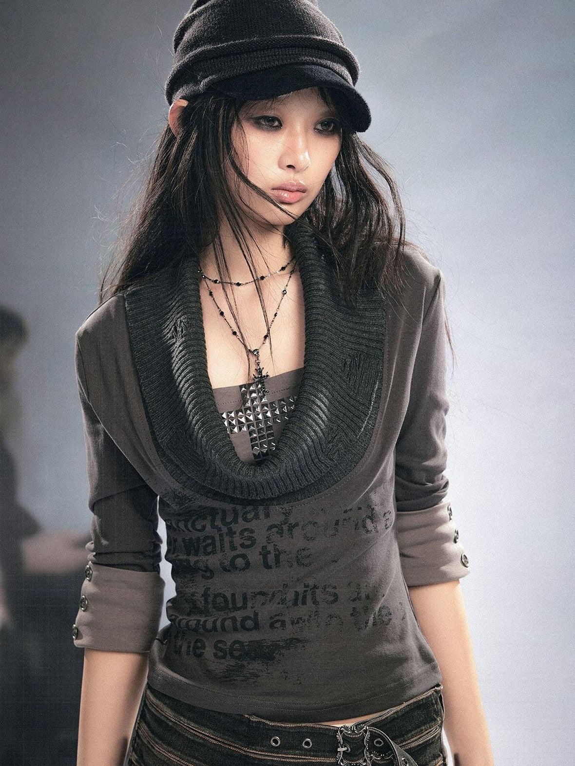 Cest Nous Punk Graffiti Print Cross Rhinestone Ripped Women&
