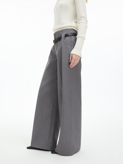 RUN TO THE FUTURE Low Rise Jacquard Minimal Casual Women Light Heather Gray Wide-Leg Pants