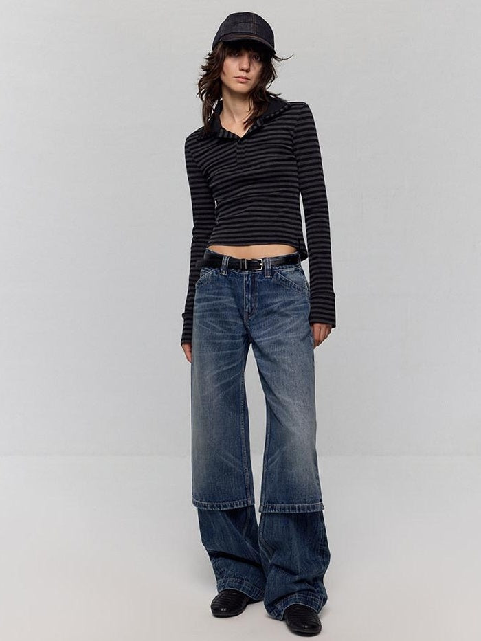 RUN TO THE FUTURE Washed Blue Denim Low Waist Relaxed Fit Casual Zipper Fly Wide-Leg Jeans