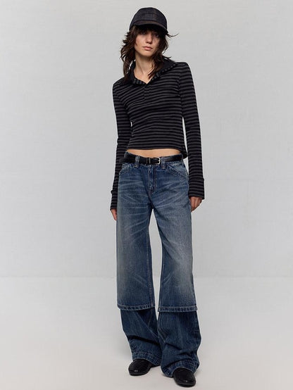RUN TO THE FUTURE Washed Blue Denim Low Waist Relaxed Fit Casual Zipper Fly Wide-Leg Jeans