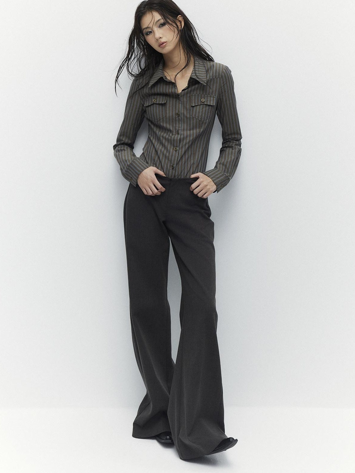 Low pixel Breathable Cotton Vintage Fitted Striped Button Long Sleeve Women Shirts