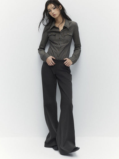 Low pixel Breathable Cotton Vintage Fitted Striped Button Long Sleeve Women Shirts