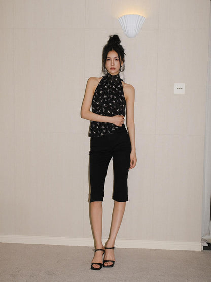 FU FRESH UP Black Floral Stand Collar Tie Neck Chiffon Women&