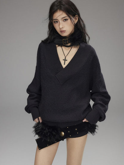 Low pixel Knitted Wool Blend Loose Street Style Women Two Piece Set Navy Mini Shorts