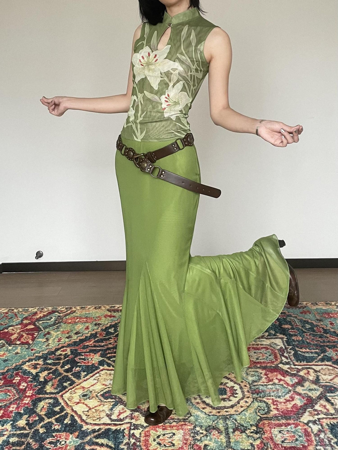 Wet Tail Elastic Mid Waist Chinese Inspired Mermaid Hem Casual Women Maxi Skirts