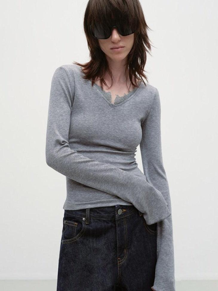 RUN TO THE FUTURE Lyocell Wool Moisture Wicking Slim V-neck Lace Trim Women Long Sleeve T-Shirts