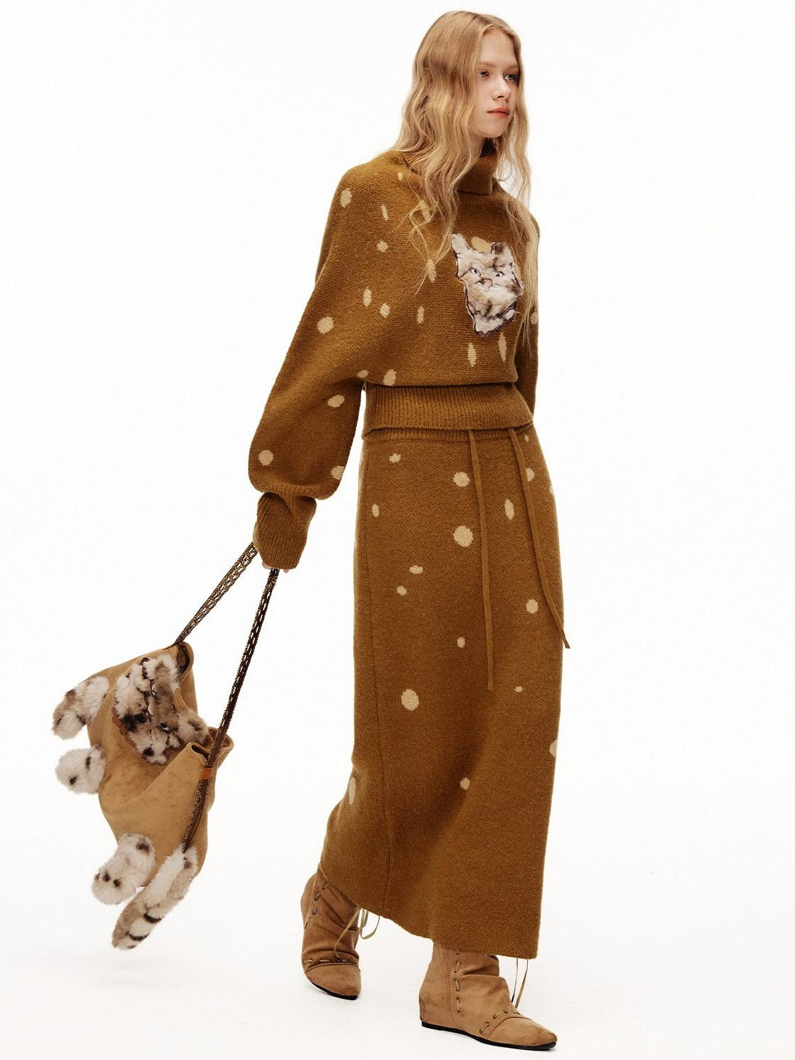 OuttheBlue Cozy Turtleneck Pullover Waist Cinched Casual Animal Print Knit Top &amp; Skirt Sets