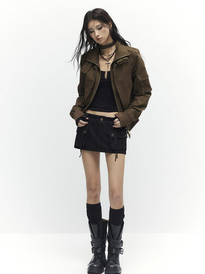 Low pixel Slim Waist Dark Gothic Cotton Zip Stand Collar Long Sleeve Women Cropped Jackets