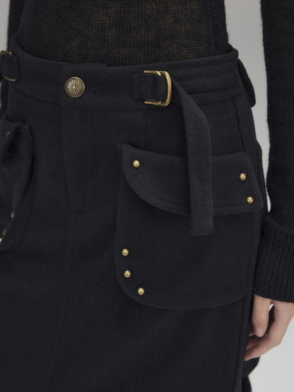 Low pixel Wool Blend Low Rise Cargo Pockets Front Slit Hline Casual Black Midi Skirts