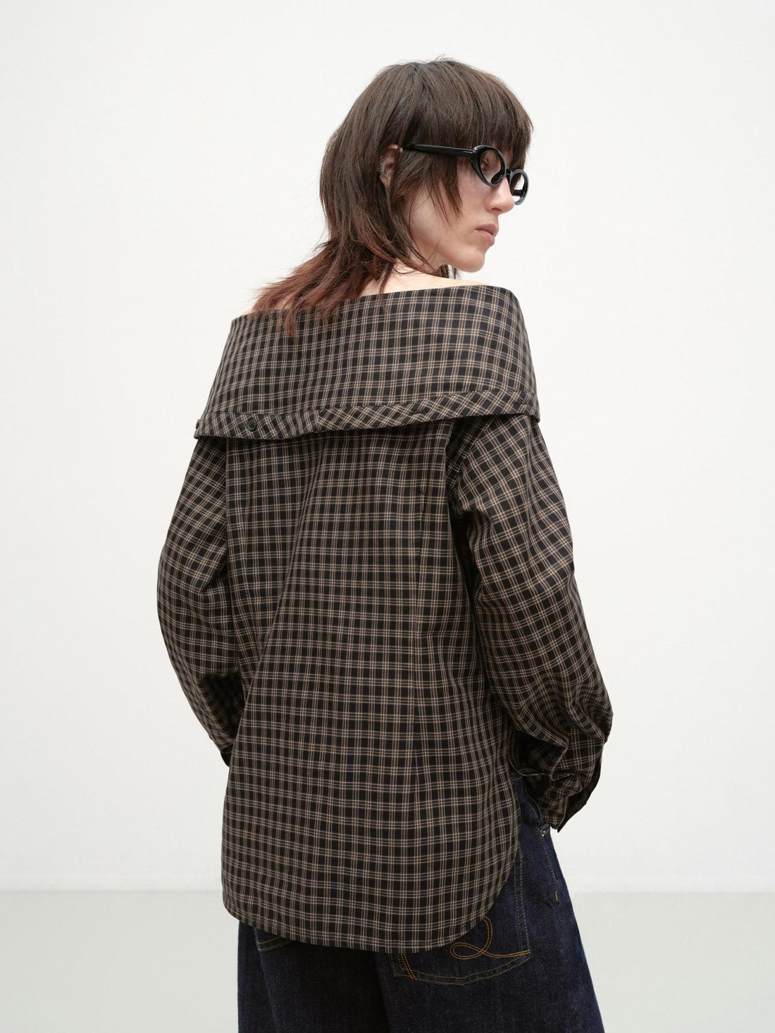 RUN TO THE FUTURE Original Design Breathable Cotton Loose Fit Plaid Bardot Womens Blouses