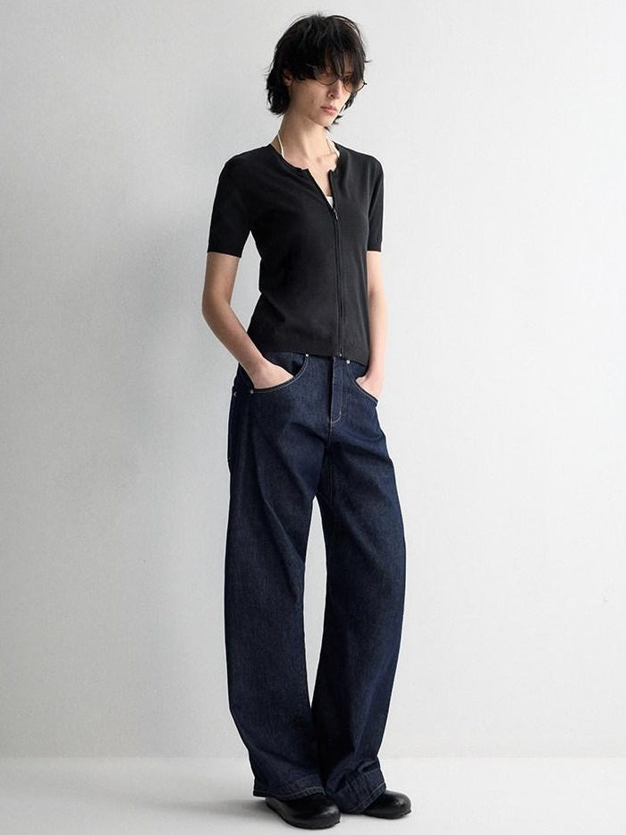 RUN TO THE FUTURE Durable Dark Cotton Denim Casual Oversized Natural Waist Ladies Wide-Leg Jeans