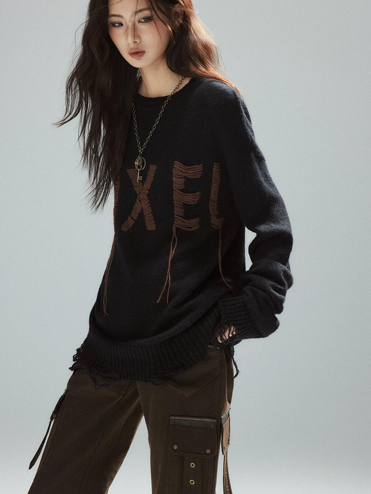 Low pixel Warm Oversized Street Style Distressed Hem Women Black Knit Pullover Sweaters