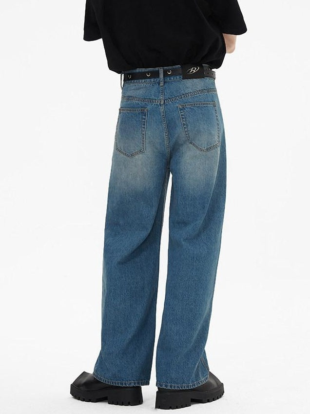 RUN TO THE FUTURE Breathable Washed Mid Rise Asymmetrical Multi Pocket Relaxed Blue Straight Jeans