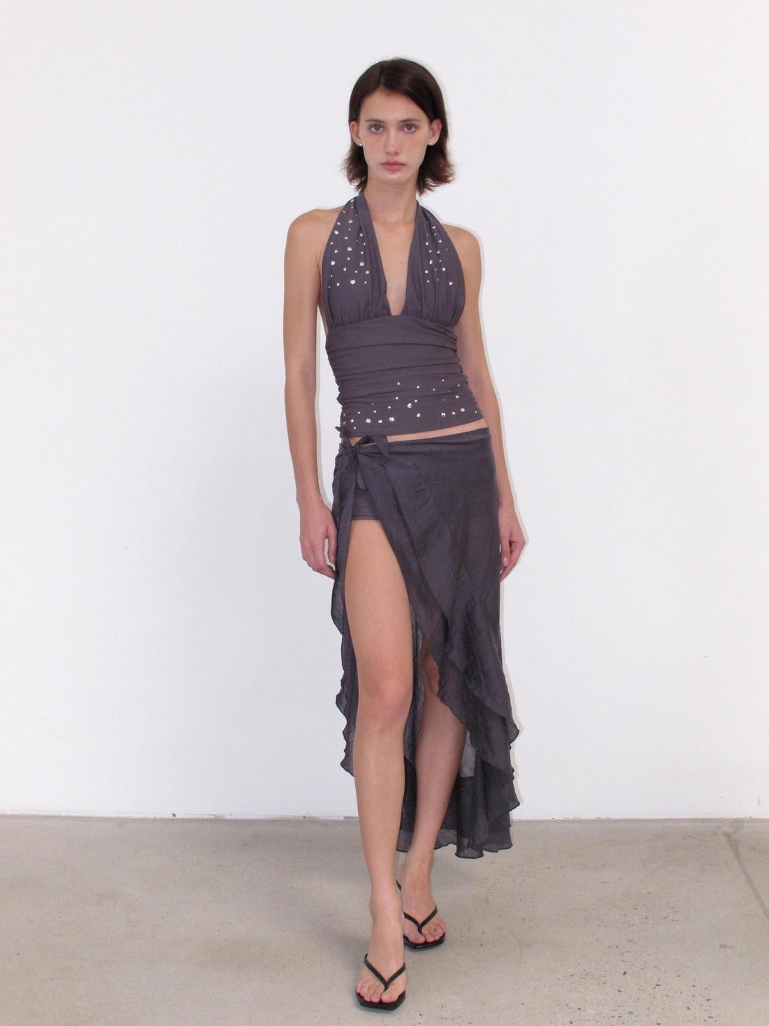 Mito de dar Purple Gray Sequin Halter Ruffle Women&