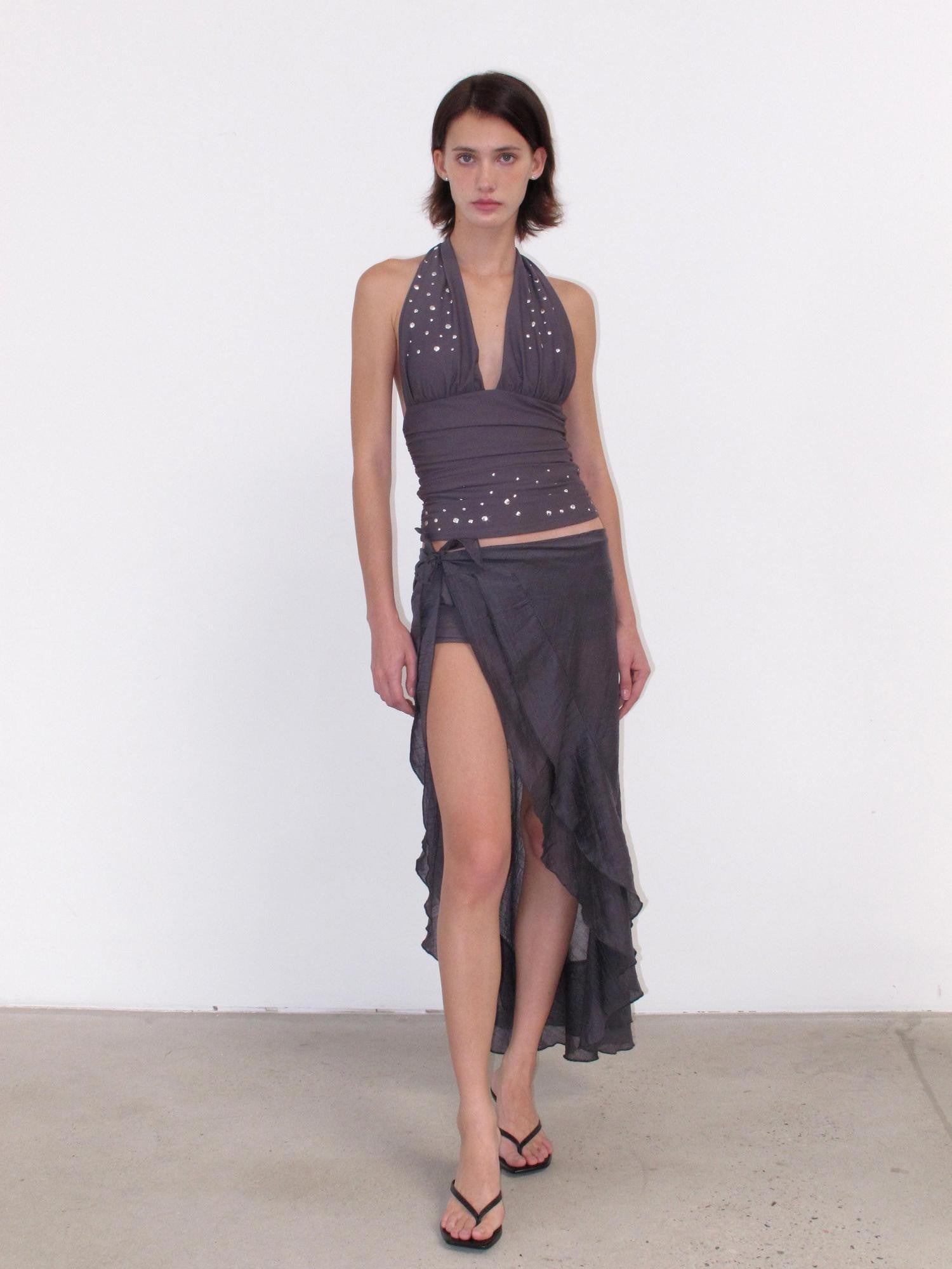 Mito de dar Purple Gray Sequin Halter Ruffle Women&