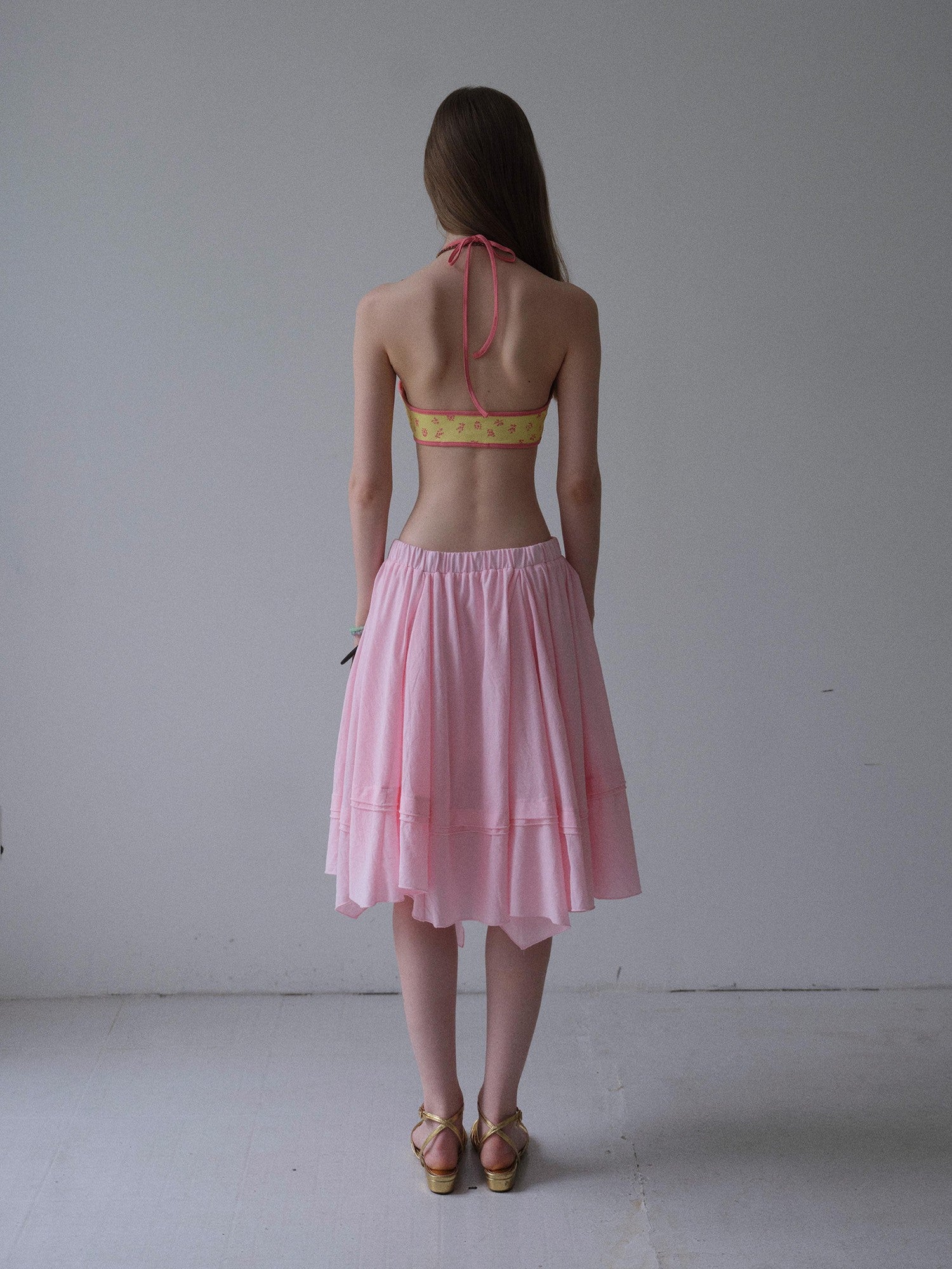 DKZ OFFICIAL Pink Ribbed Elastic Waist Asymmetric A Line Women&