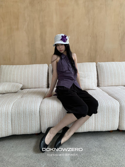 DKZ OFFICIAL Purple Halter Neck Shirt Style Lapel Collar Tie Waist Women&