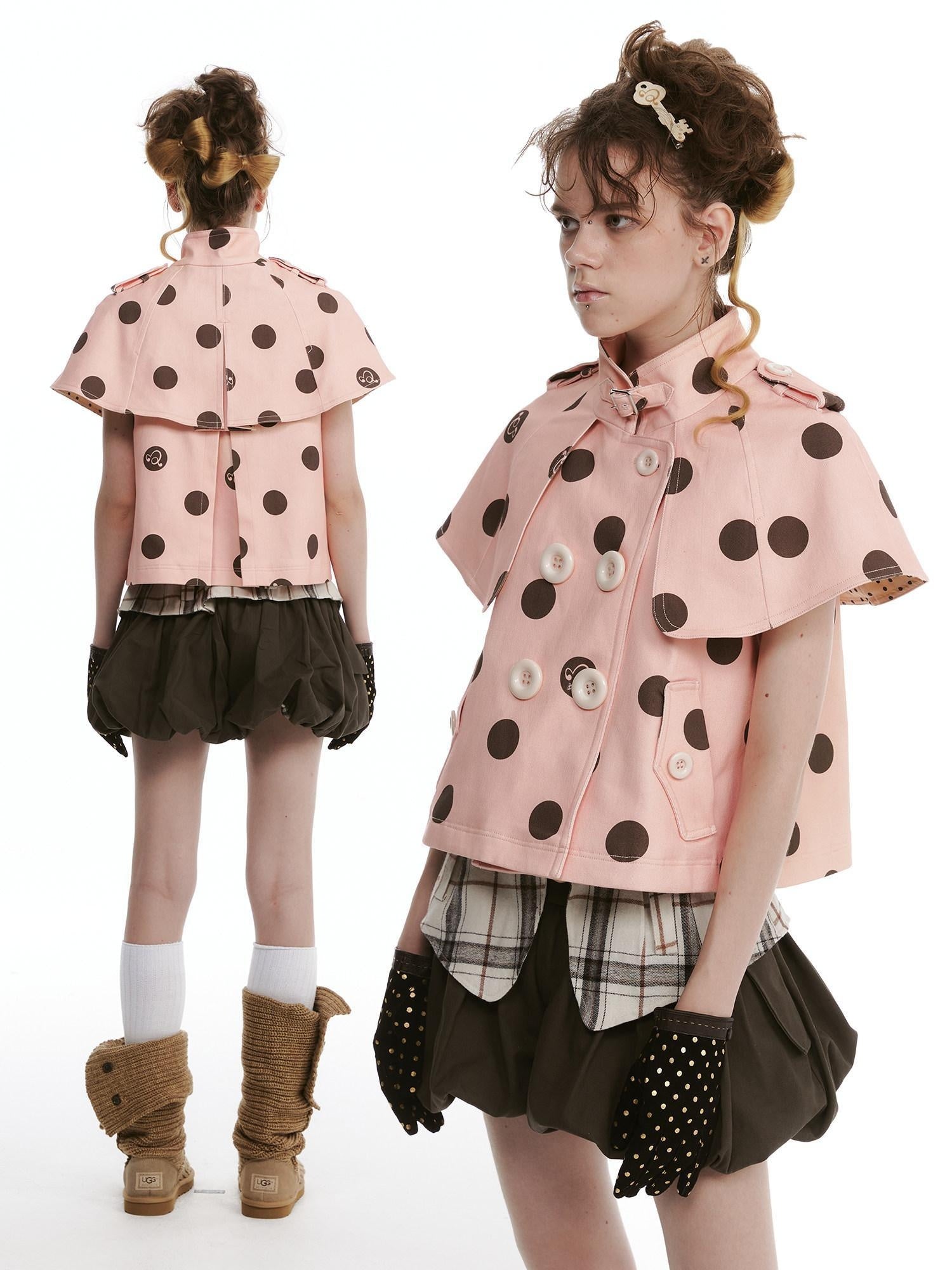 nit alcove Windproof Cotton Stretch Cute Cropped Doublebreasted Unisex Polka Dot Blouses