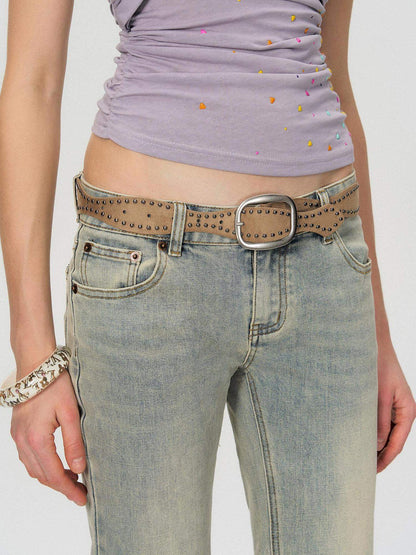 The NeverMore Washed Micro Flare Low Rise Micro Stretch Cotton Blue Green Straight Leg Jeans