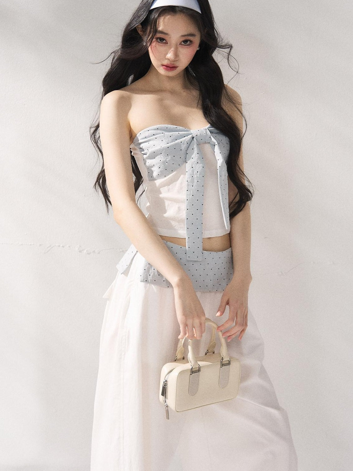 7Shiftin Polka Dot Bow Cropped Three Piece High Waist Sleeveless Women Top &amp; Pants Sets