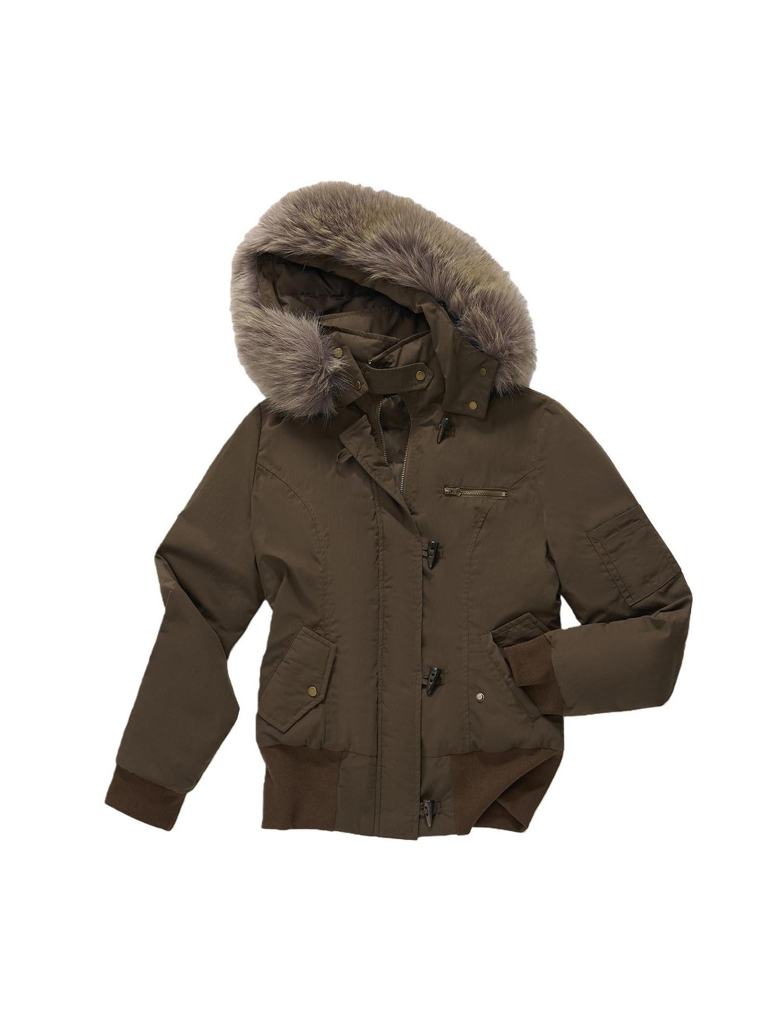 7Shiftin Warm Hooded Two Tone Fur Collar Toggle Closure Short Casual Women Puffer Jackets