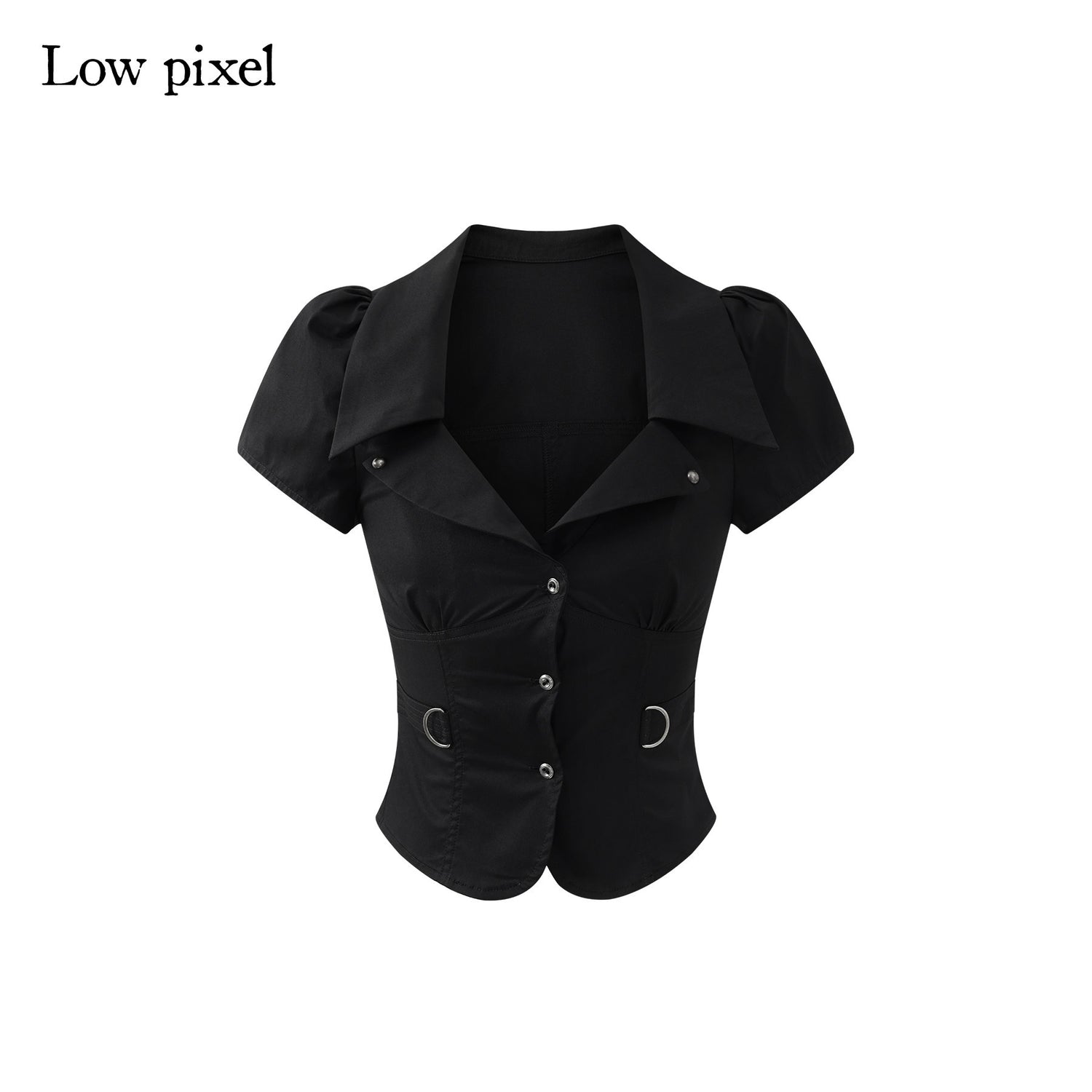 Low pixel Haut court basique noir pour femme en coton, coupe ajustée, à manches courtes, avec fermeture éclair sur le devant
