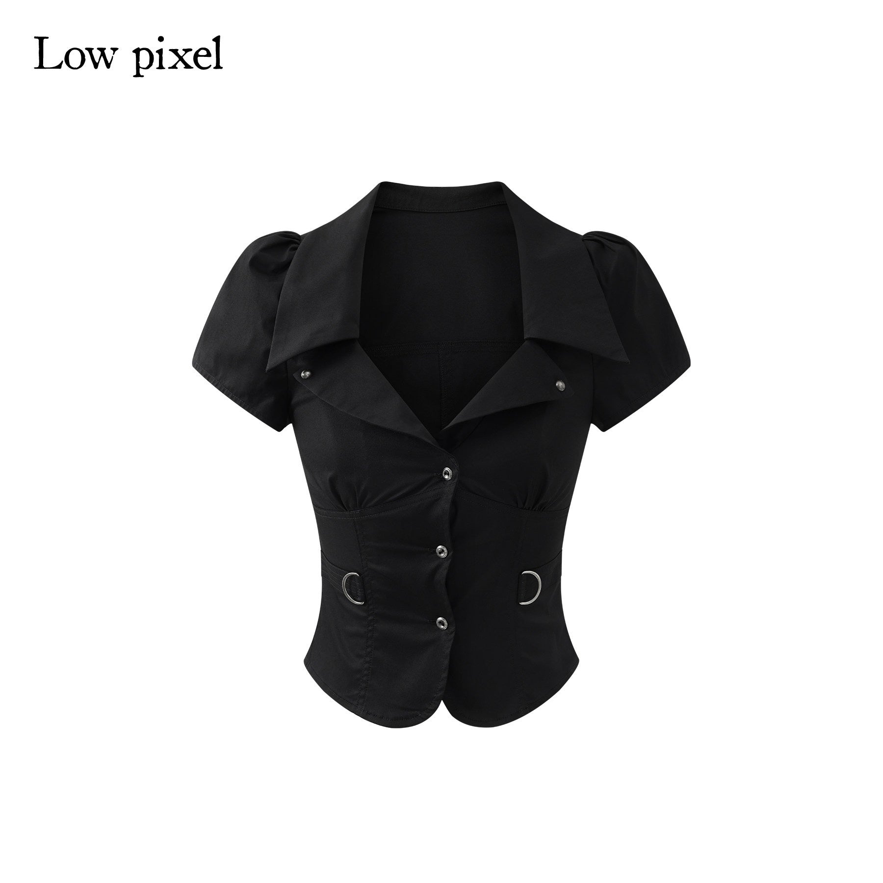 Low pixel Haut court basique noir pour femme en coton, coupe ajustée, à manches courtes, avec fermeture éclair sur le devant
