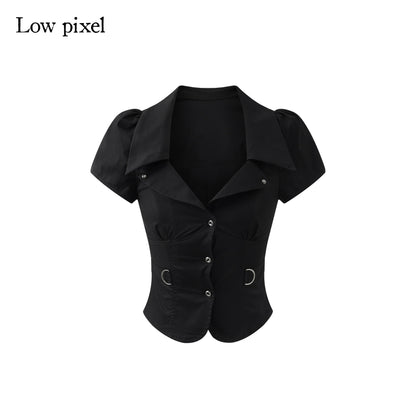 Low pixel Haut court basique noir pour femme en coton, coupe ajustée, à manches courtes, avec fermeture éclair sur le devant