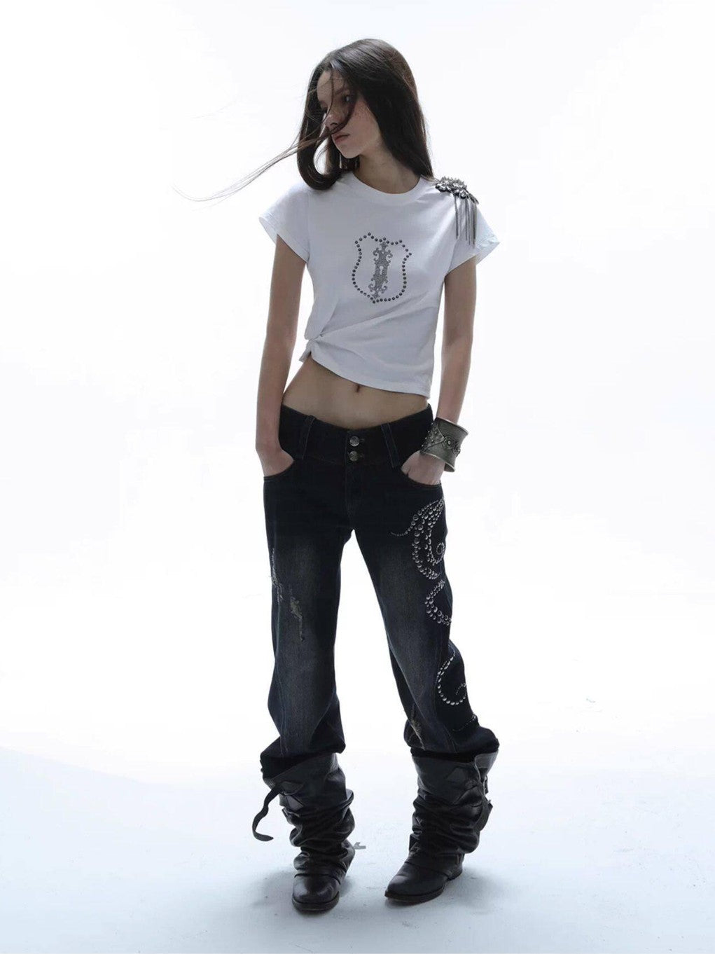 DoublePunch Cropped Hotfix Rhinestone Slim Fit Vintage Women&