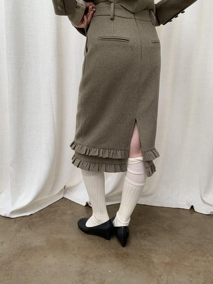 Dorydory Olive Green Ruffle Straight Mid Waist Women&