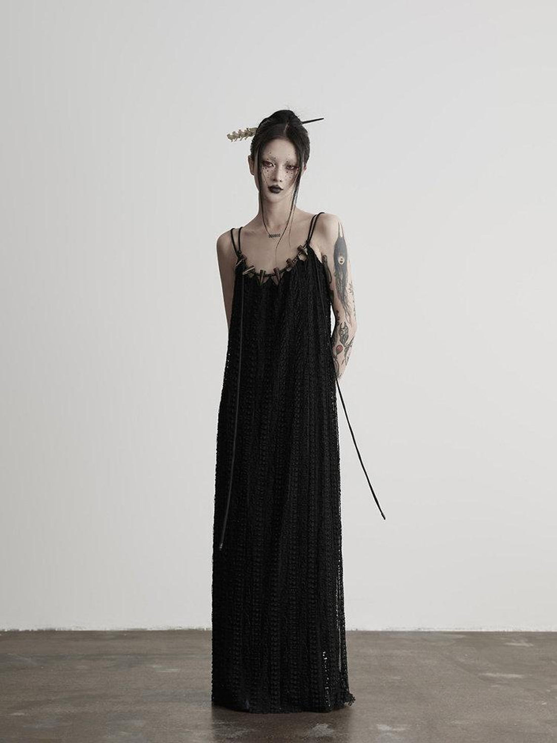 INDULGE Sleek Dark Goth Lace Ribbon H Natural Waist Black Nylon Slip Maxi Dresses
