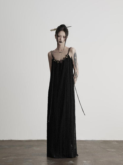 INDULGE Sleek Dark Goth Lace Ribbon H Natural Waist Black Nylon Slip Maxi Dresses