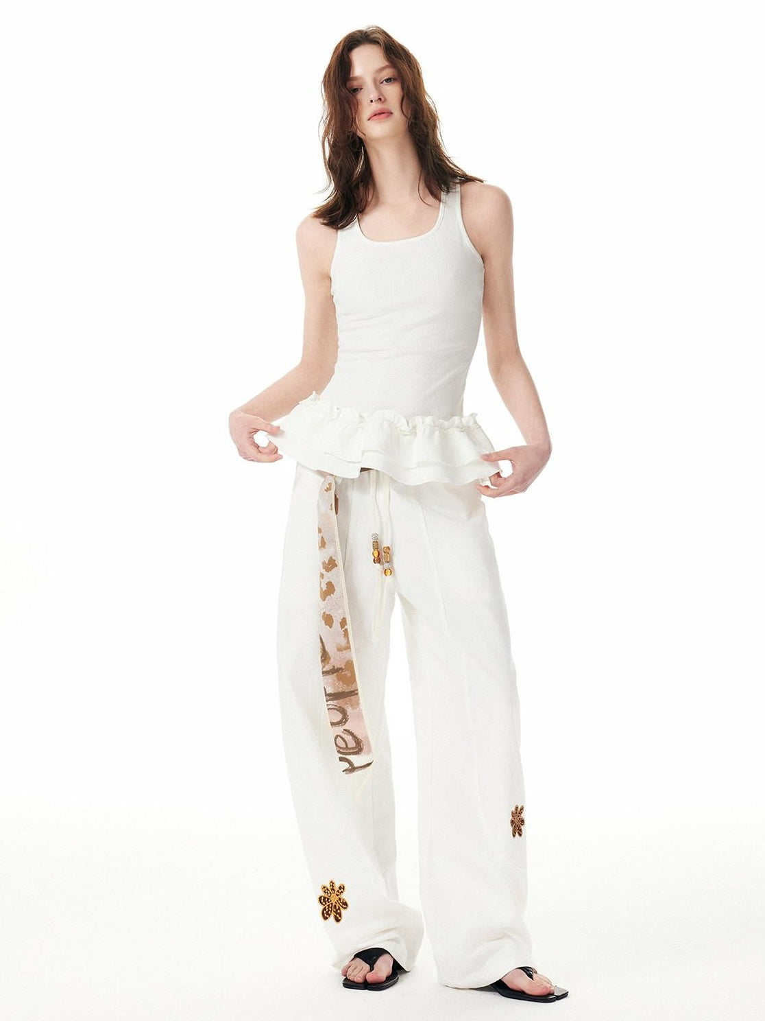 OuttheBlue Cotton Drawstring Pockets Natural Waist Workwear Long White Wide Leg Pants