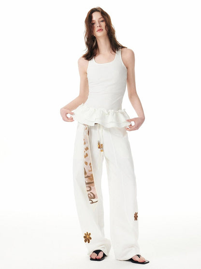 OuttheBlue Cotton Drawstring Pockets Natural Waist Workwear Long White Wide Leg Pants