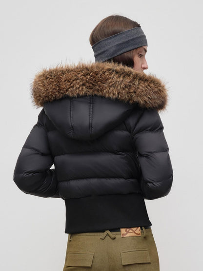 RUN TO THE FUTURE Warm 90 Percent White Duck Slim Hooded Fur Collar Black Women Zip Down Jackets